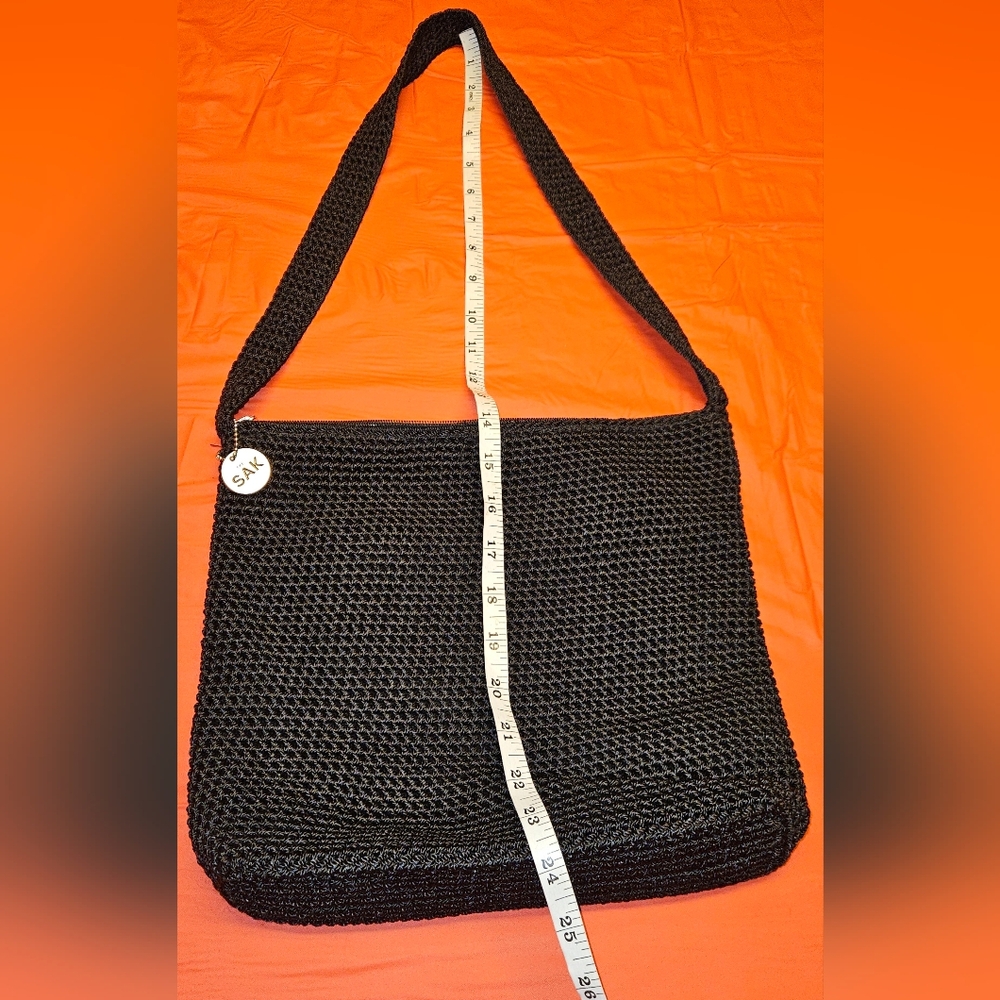 The Sak Black Crochet Shoulder Bag Approx 10"×10" w/Strap=24" Like New